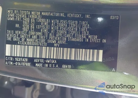 2013 Toyota Venza Le from USA, damaged, VIN 4T3ZA3BBXDU076220